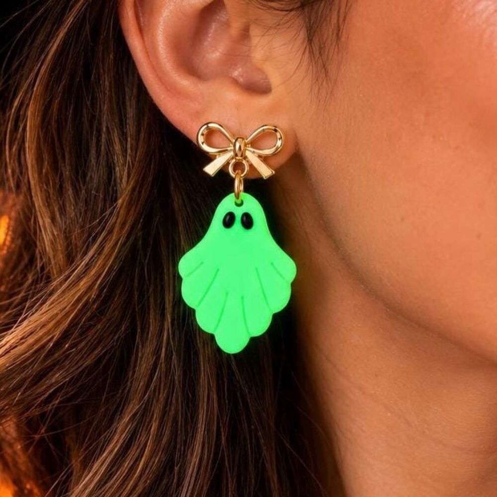 Halloween Ghost Earrings, Glow in the Dark Jewelry, Gold Bow Studs, Clay Earring